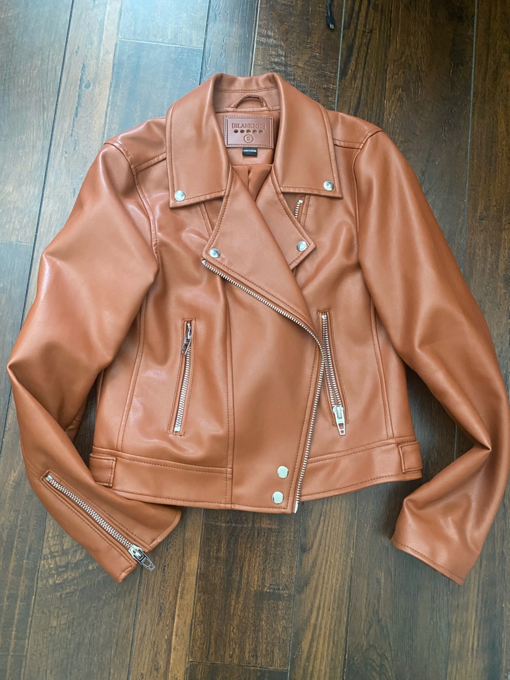 Nordstrom Cognac Faux Leather Moto Jacket with Silver Hardware